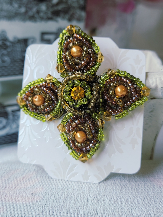Jewelry - Handcrafted Vintage Green and Gold Beaded Floral Brooch